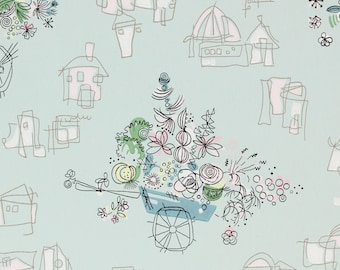 1960s Vintage Wallpaper Pink Yellow Flowers Birds Flower Cart by the Yard