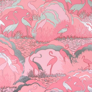 1970s Vintage Wallpaper Retro Pink Flamingos on Metallic Foil by the Yard