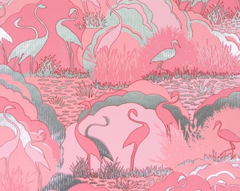 1970s Vintage Wallpaper Retro Pink Flamingos on Metallic Foil by the Yard