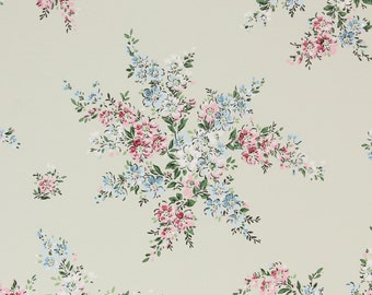 1950s Vintage Wallpaper Pink Blue Bouquets on Green by the Yard