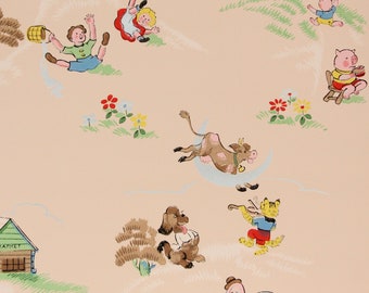 1940s Vintage Children's Wallpaper Nursery Rhyme on Pink by the Yard