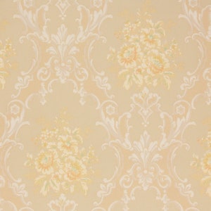 1930s Vintage Wallpaper - Victorian Yellow Floral White Scrolls, Sold by the Yard