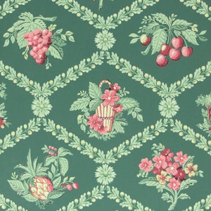 1940s Vintage Wallpaper Red Yellow Flower Baskets Fruit on Green by the Yard