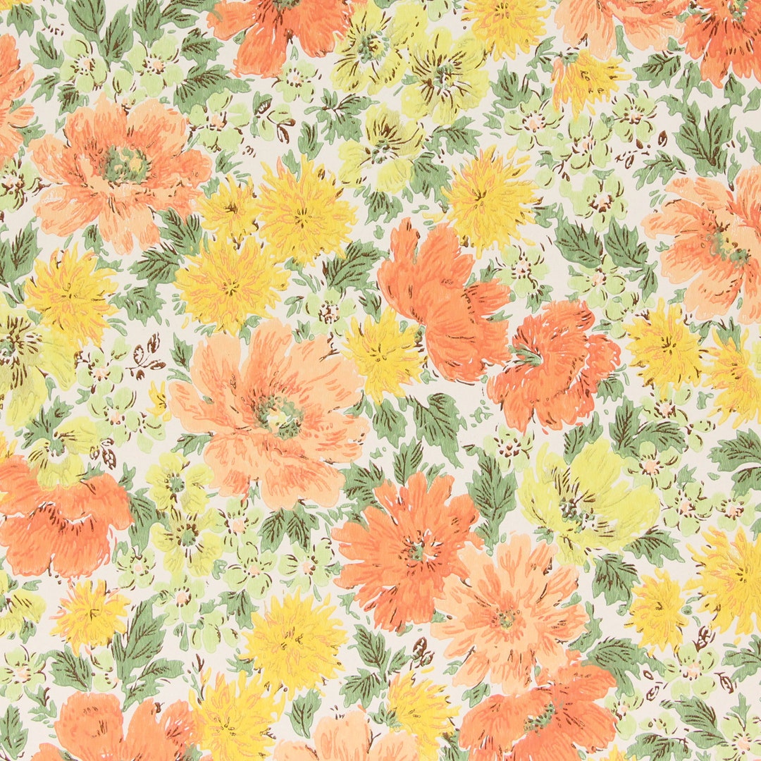 1960s Retro Vintage Wallpaper - Orange and Yellow Flowers on White ...