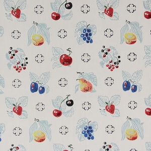 May include: A repeating pattern featuring a variety of fruits such as strawberries, cherries, grapes, plums, and pears, set against a light cream backdrop. The fruits are brightly coloured, with light blue leaves and black cloud-like shapes interspersed.