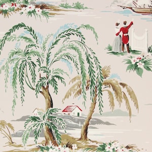 1940s Vintage Wallpaper - Tropical Island Sailing Ships on Gray, Sold by the Yard