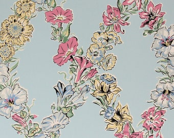 1940s Vintage Wallpaper Pink Yellow Floral Trellis on Blue by the Yard