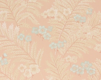 1940s Vintage Wallpaper Blue and White Flowers Ferns on Peachy Pink by the Yard