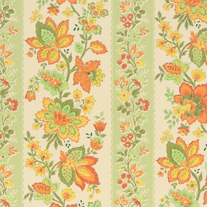 1960s Vintage Wallpaper - Retro Orange and Yellow Floral on Green Stripe, Sold by the Yard