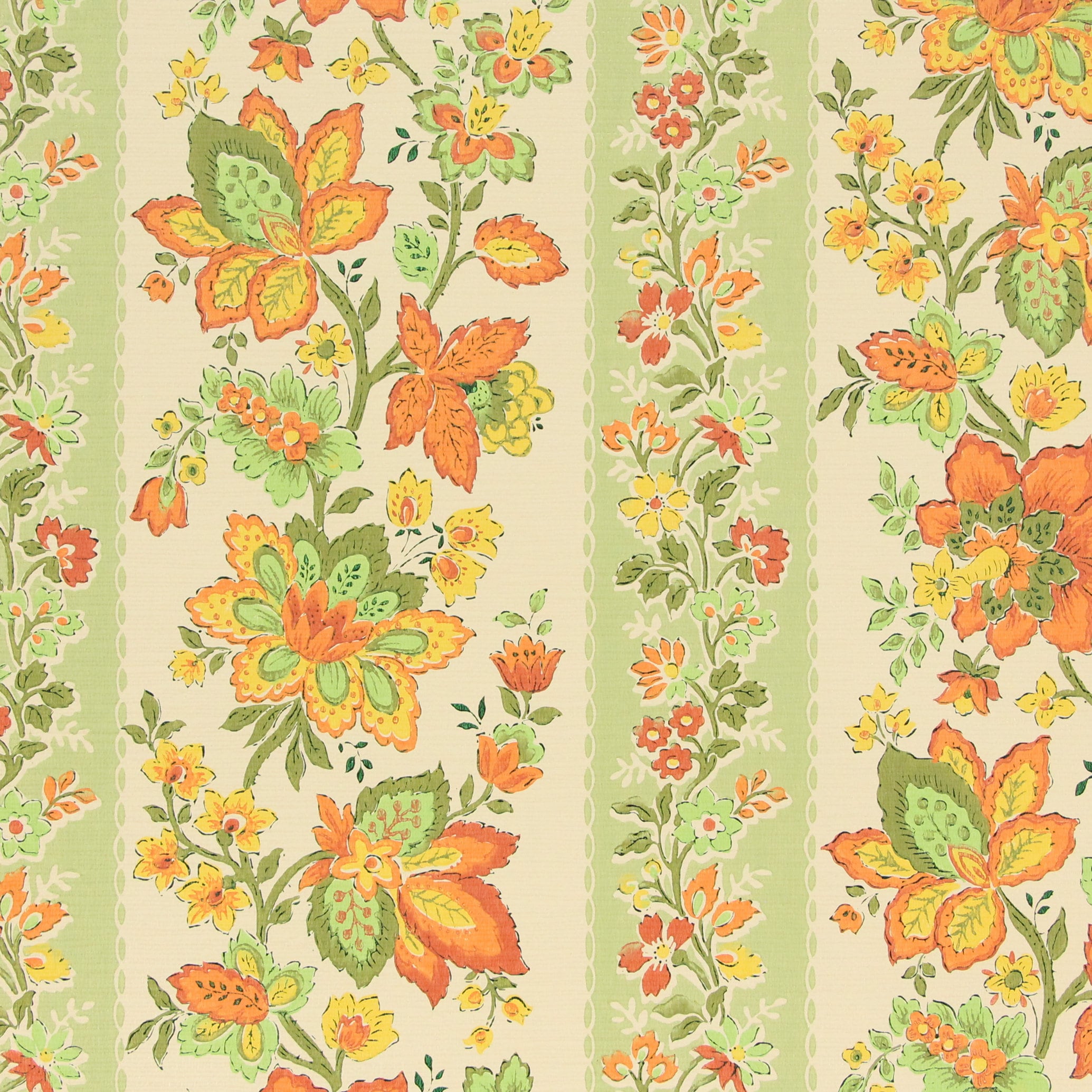 1960s Vintage Wallpaper - Retro Orange and Yellow Floral on Green