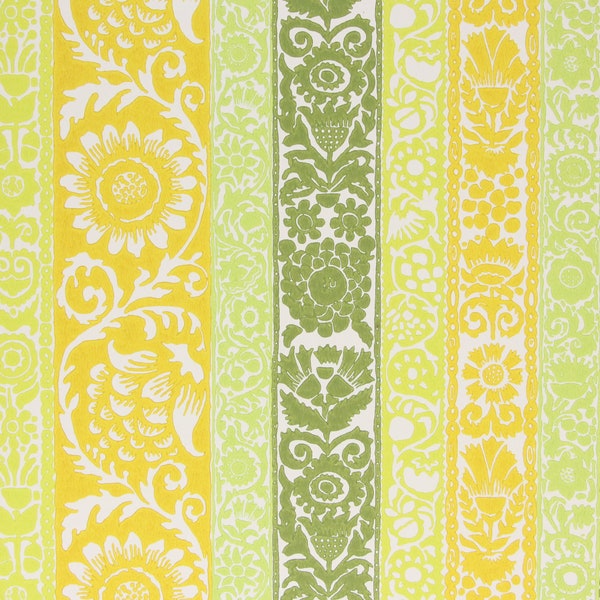 Papier peint vintage rétro des années 1970 - damassé florale à rayures vertes et jaunes, vendu par mètre