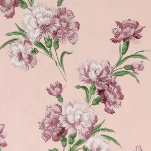 1940s Vintage Wallpaper Purple and White Carnations on Pink by the Yard