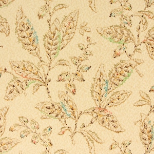 May include: A beige wallpaper with a repeating pattern of brown, green, and blue leaves. The leaves are stylized and have a textured appearance.