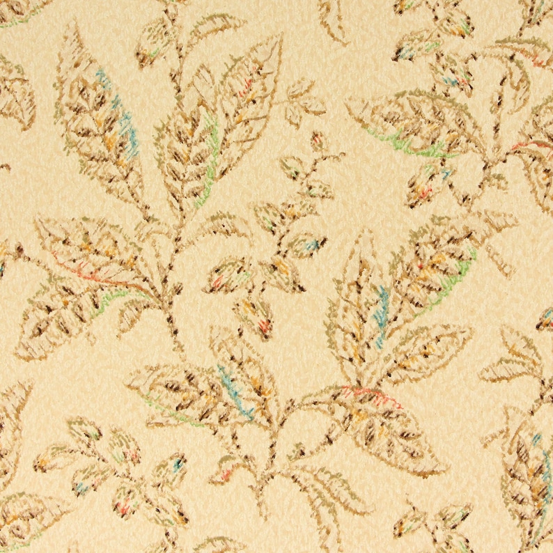 May include: A beige wallpaper with a repeating pattern of brown, green, and blue leaves. The leaves are stylized and have a textured appearance.