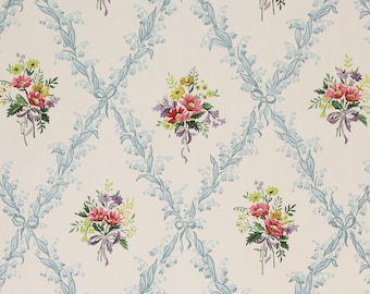 1940s Vintage Wallpaper Yellow Red Bouquets Blue Purple Ribbons on White by the Yard