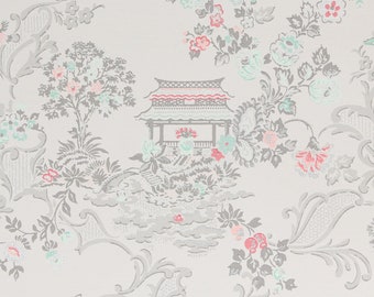 1960s Vintage Wallpaper - Chinoiserie Pagoda Pink Aqua Flowers on Gray, Sold by the Yard