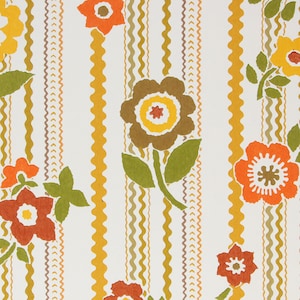 1970s Vintage Wallpaper - Vinyl Retro Avocado Green Chocolate Brown Harvest Gold Flowers, Sold by the Yard