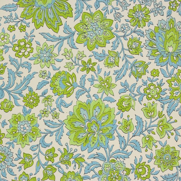 1970s Retro Vintage Wallpaper Green Blue Flowers Vinyl by the Yard