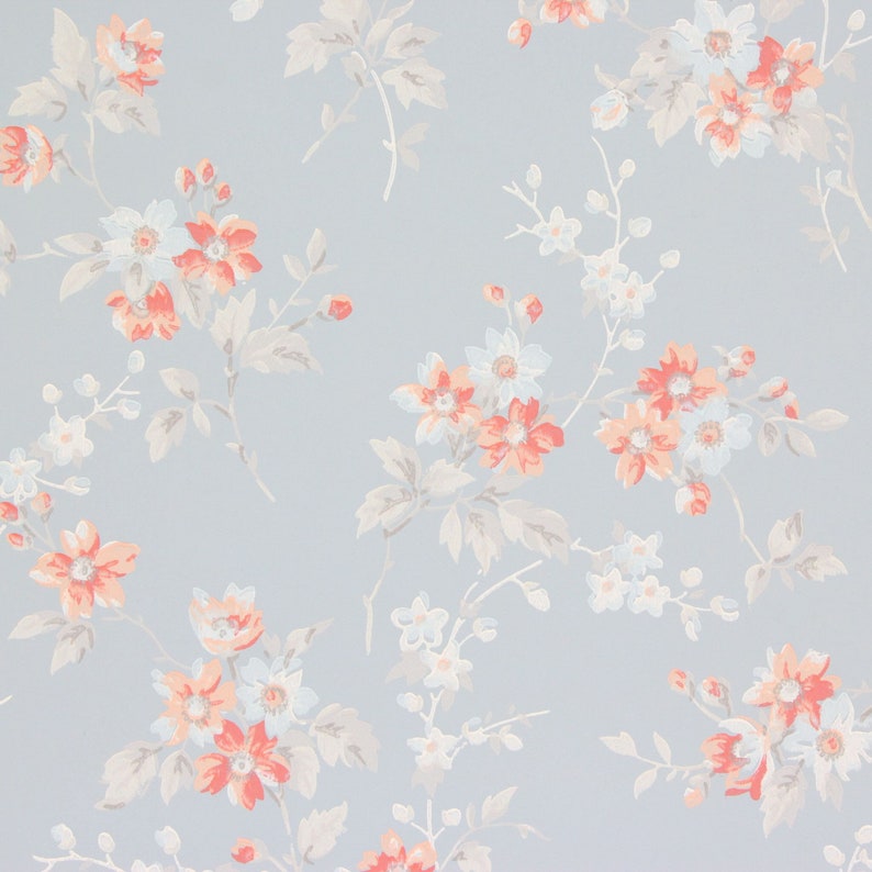 1940s Vintage Wallpaper Orange Flowers on Blue by the Yard