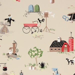 1940s Vintage Wallpaper Novelty Red Barn Scarecrow Farm Life by the Yard