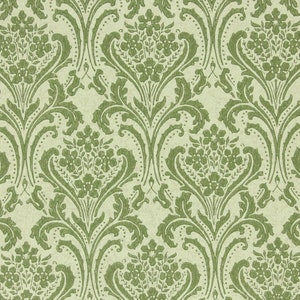 1960s Vintage Wallpaper Green Damask on Gold-Green Textured by the Yard