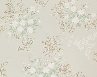 1950s Vintage Wallpaper White Flowers with Gold Metallic Accents on Light Green by the Yard