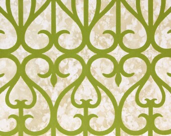 May include: Green and white wallpaper with a repeating pattern of stylised floral designs. The pattern is reminiscent of a traditional iron gate.