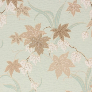 1930s Vintage Wallpaper - Brown White Leaves on Aqua, Sold by the Yard