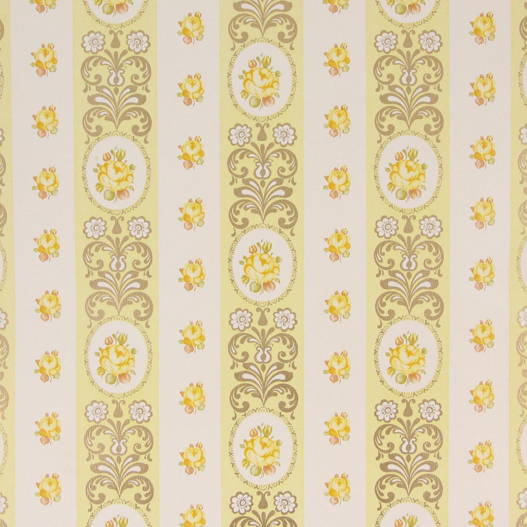 1970s Retro Vintage Wallpaper - Vinyl Yellow Rose Stripe, Sold by the ...