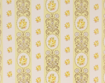 1970s Retro Vintage Wallpaper - Vinyl Yellow Rose Stripe, Sold by the Yard