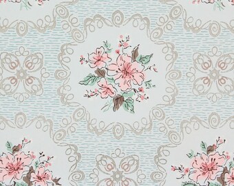 1940s Vintage Wallpaper Pink Floral on Aqua with Silver Accents by the Yard