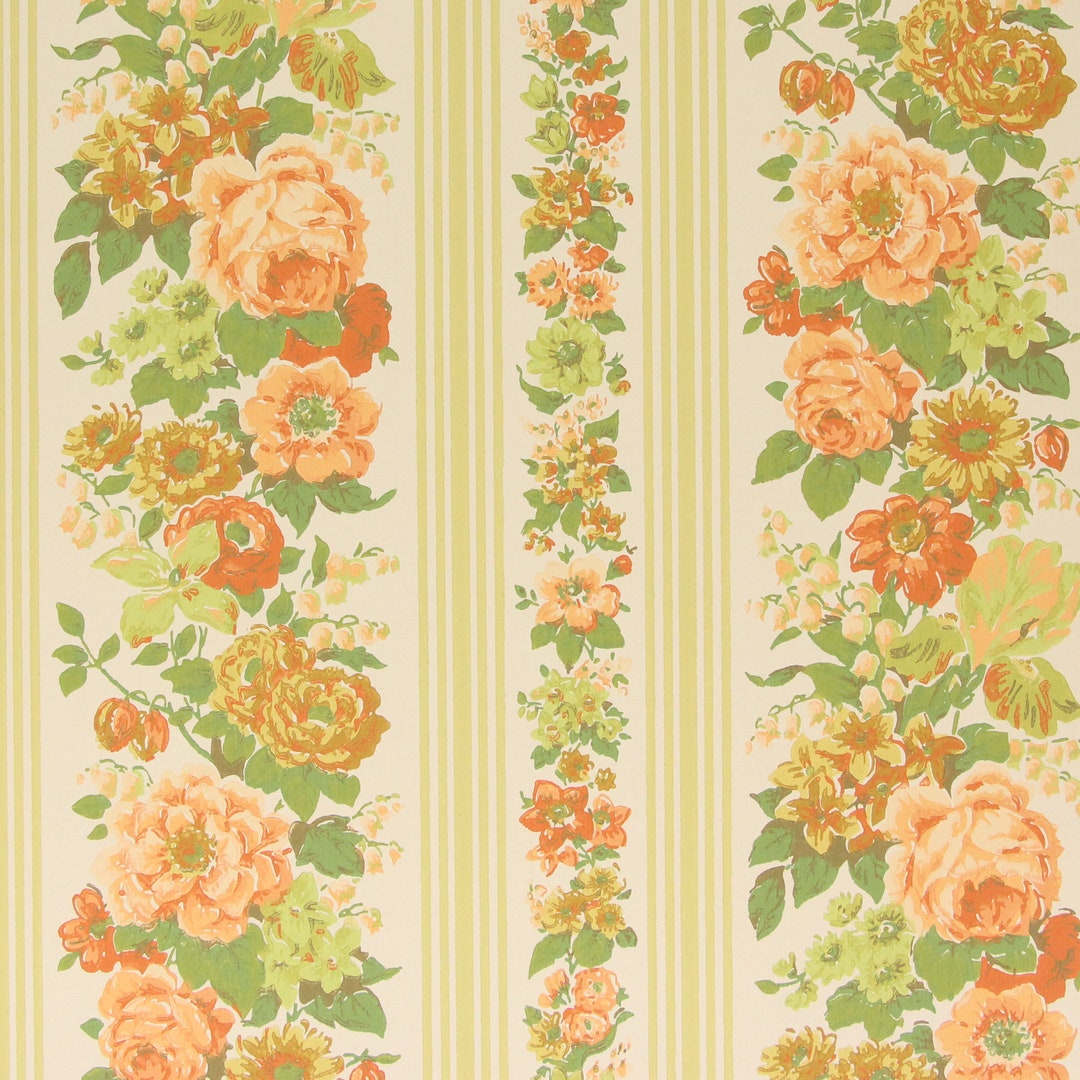1960s Vintage Wallpaper - Retro Orange and Green Flower Stripe, Sold by ...