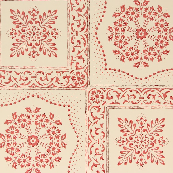 1950s Vintage Wallpaper Large Red Geometric on Off White by the Yard