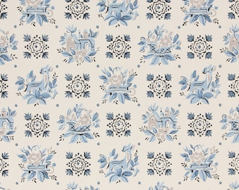 1940s Vintage Wallpaper Blue Floral Geometric Folk Art by the Yard