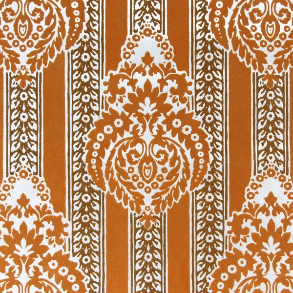 1970s Retro Vintage Wallpaper Brown Flock Damask on Silver by the Yard