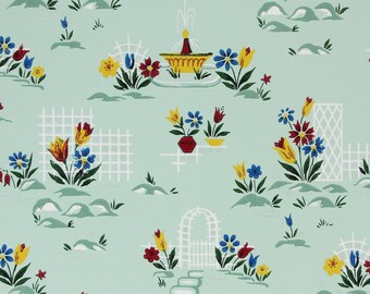 1940s Vintage Wallpaper Tulips Trellis Arbor on Green by the Yard