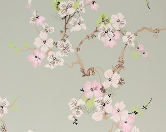 1950s Vintage Wallpaper Pink White Dogwood on Green by the Yard