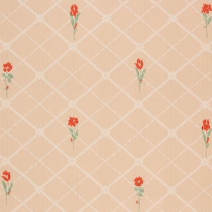 1930s Vintage Wallpaper - Small Red Flowers on Pink & White Tile, Sold by the Yard