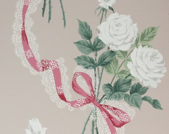 1940s Vintage Wallpaper White Rose Pink Ribbon on Gray/Beige by the Yard