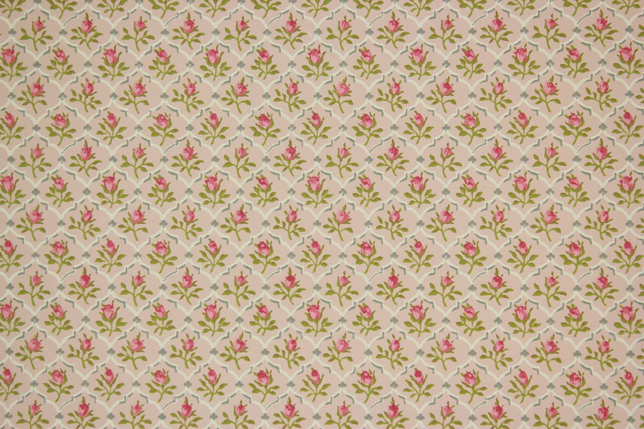1960s Vintage Wallpaper Pink Rose Geometric on Pink Vinyl ...
