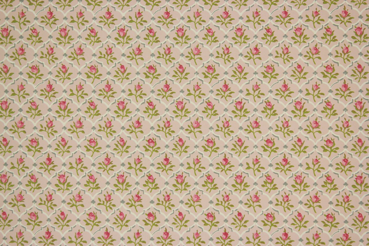 1960s Vintage Wallpaper Pink Rose Geometric on Pink Vinyl ...