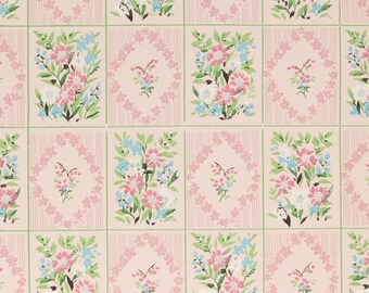 1940s Vintage Wallpaper Pink and Blue Floral Bouquets on Pink by the Yard