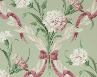 1940s Vintage Wallpaper White Pink Carnation Pink Ribbon on Green by the Yard