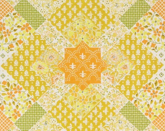 1970s Vintage Wallpaper - Retro Orange and Green Quilt Pattern Geometric, Sold by the Yard