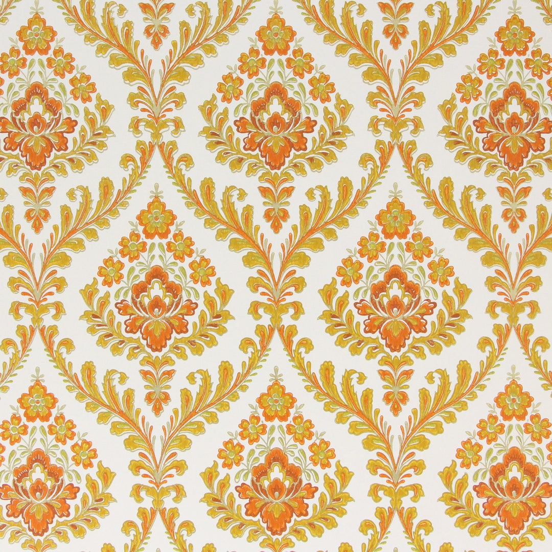 1970s Retro Vintage Wallpaper - Orange and Gold Damask, Sold by the ...