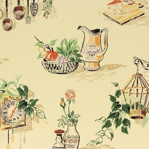 Papel pintado vintage de los años 60 - Frutas y especias sobre fondo amarillo, se vende cortado a medida.