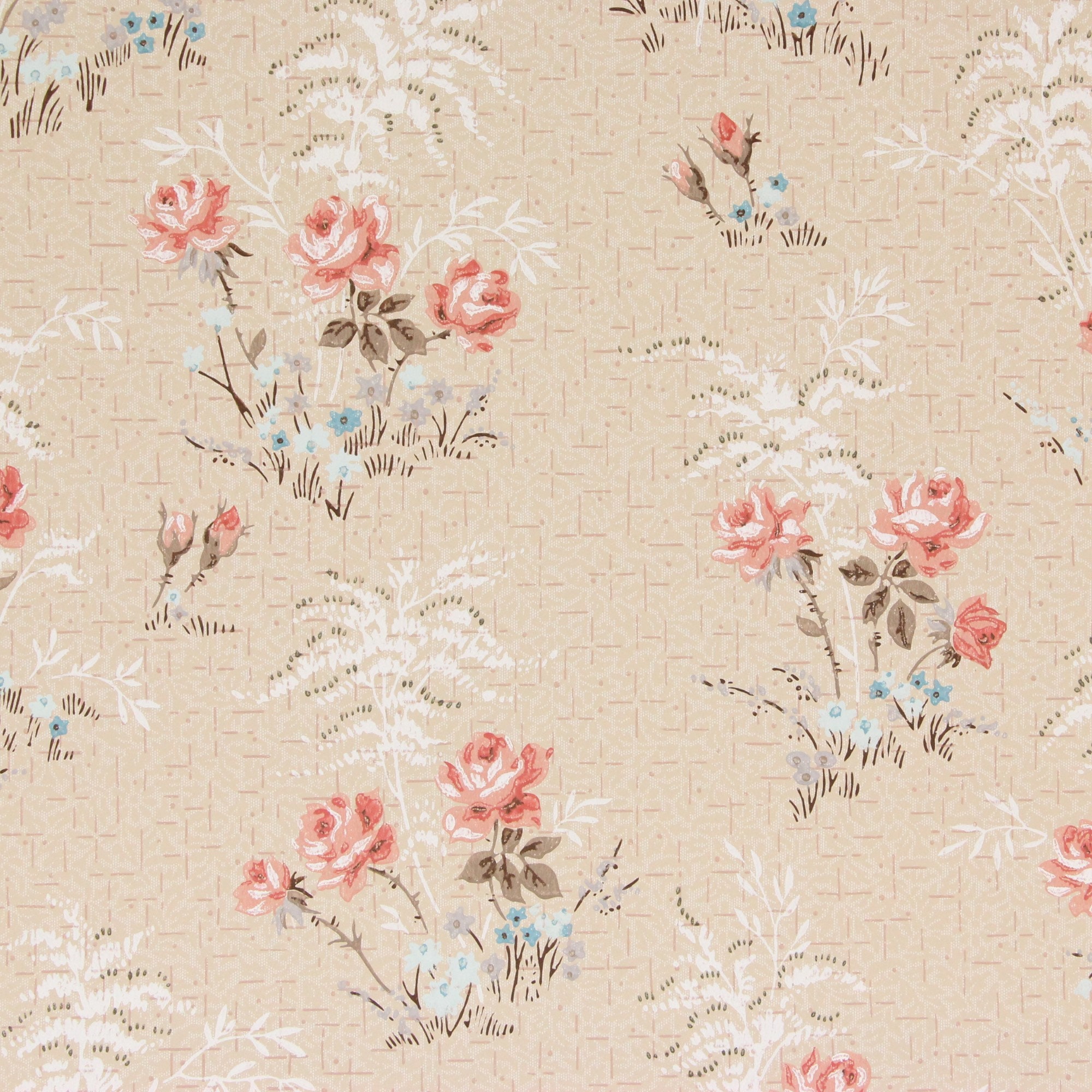 1940s Vintage Wallpaper - Pink Roses on Beige, Sold by the