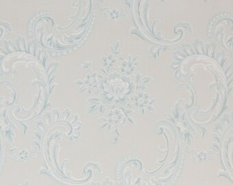 1950s Vintage Wallpaper Roses and Scrolls on Blue by the Yard