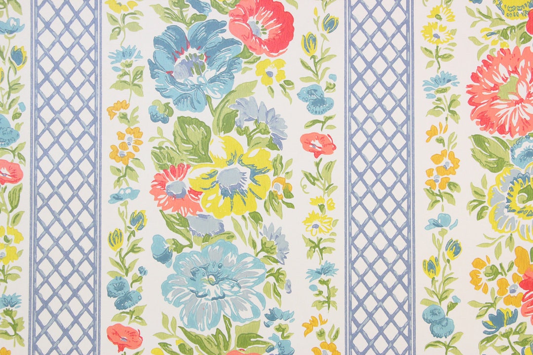 1970s Retro Vintage Wallpaper Vinyl Red Blue Yellow Flowers - Etsy