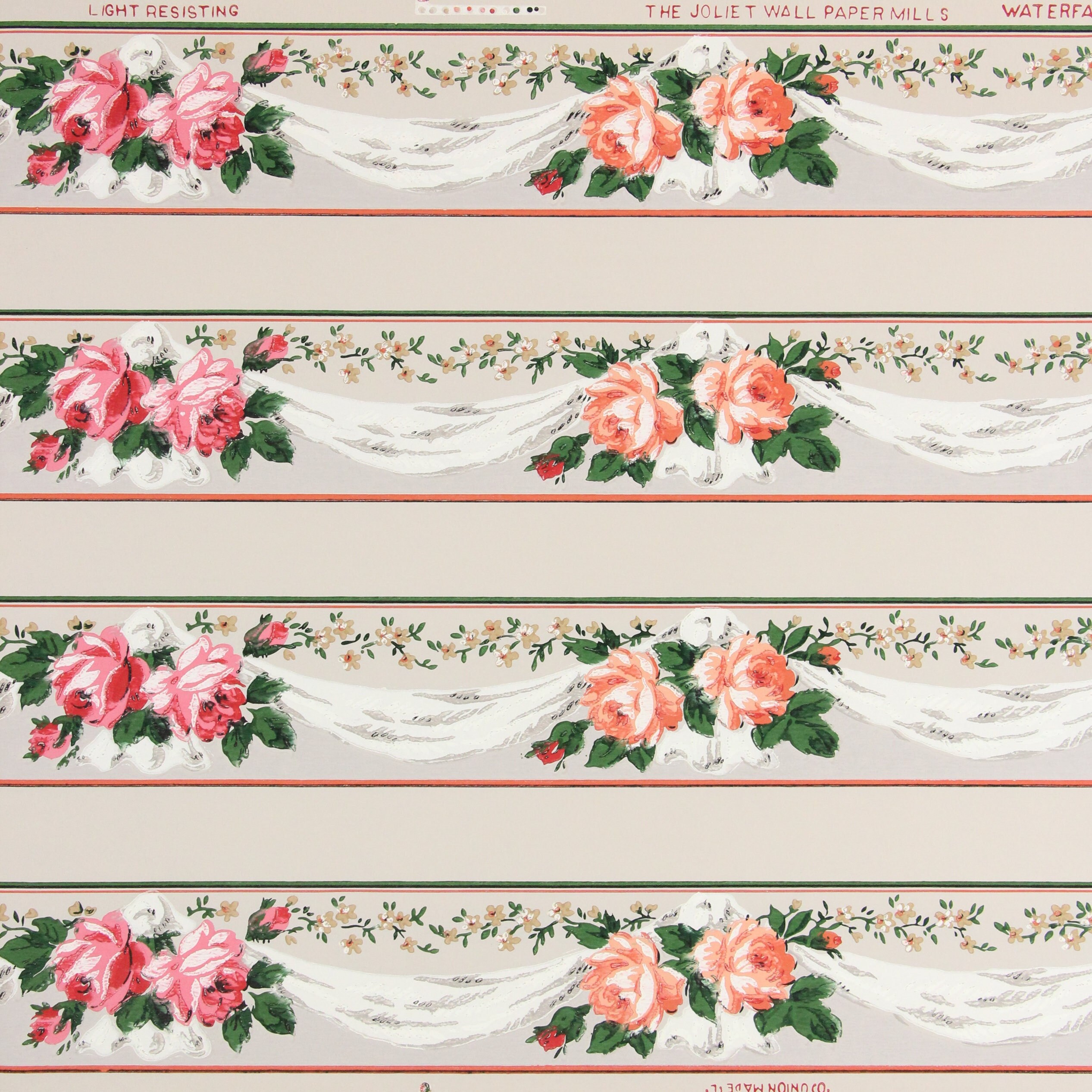 1940s Vintage Wallpaper Pink and White Floral on White Stripe